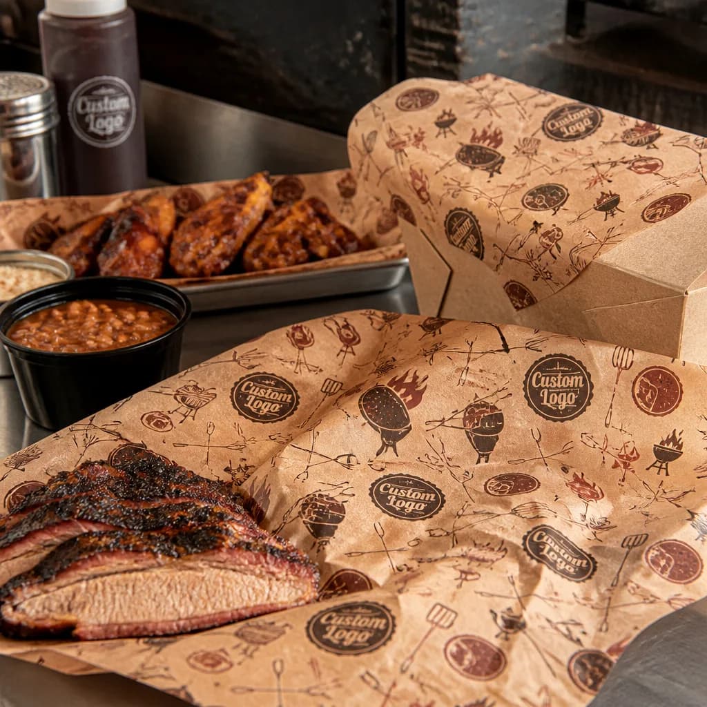 Illustrative stack of custom printed pre-cut BBQ deli paper sheets beside cooked meat service trays