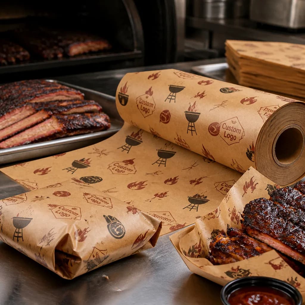 Illustrative custom printed BBQ food-service paper supplied as a continuous roll at a cooked-meat counter