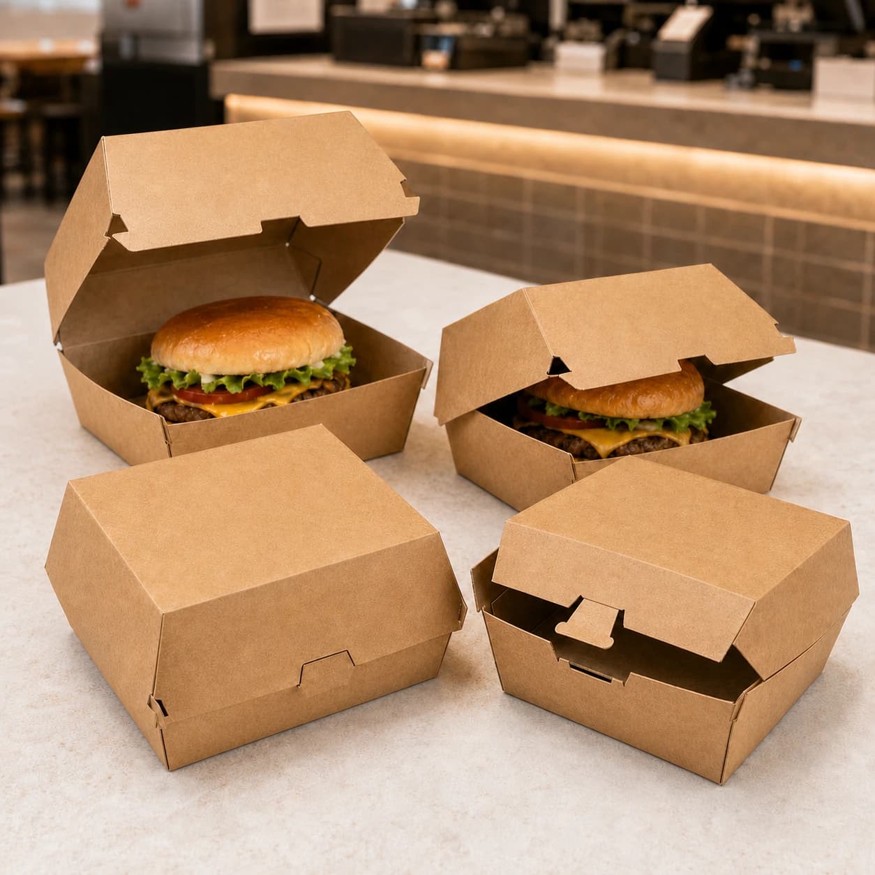 Plain kraft burger boxes ready for custom printing