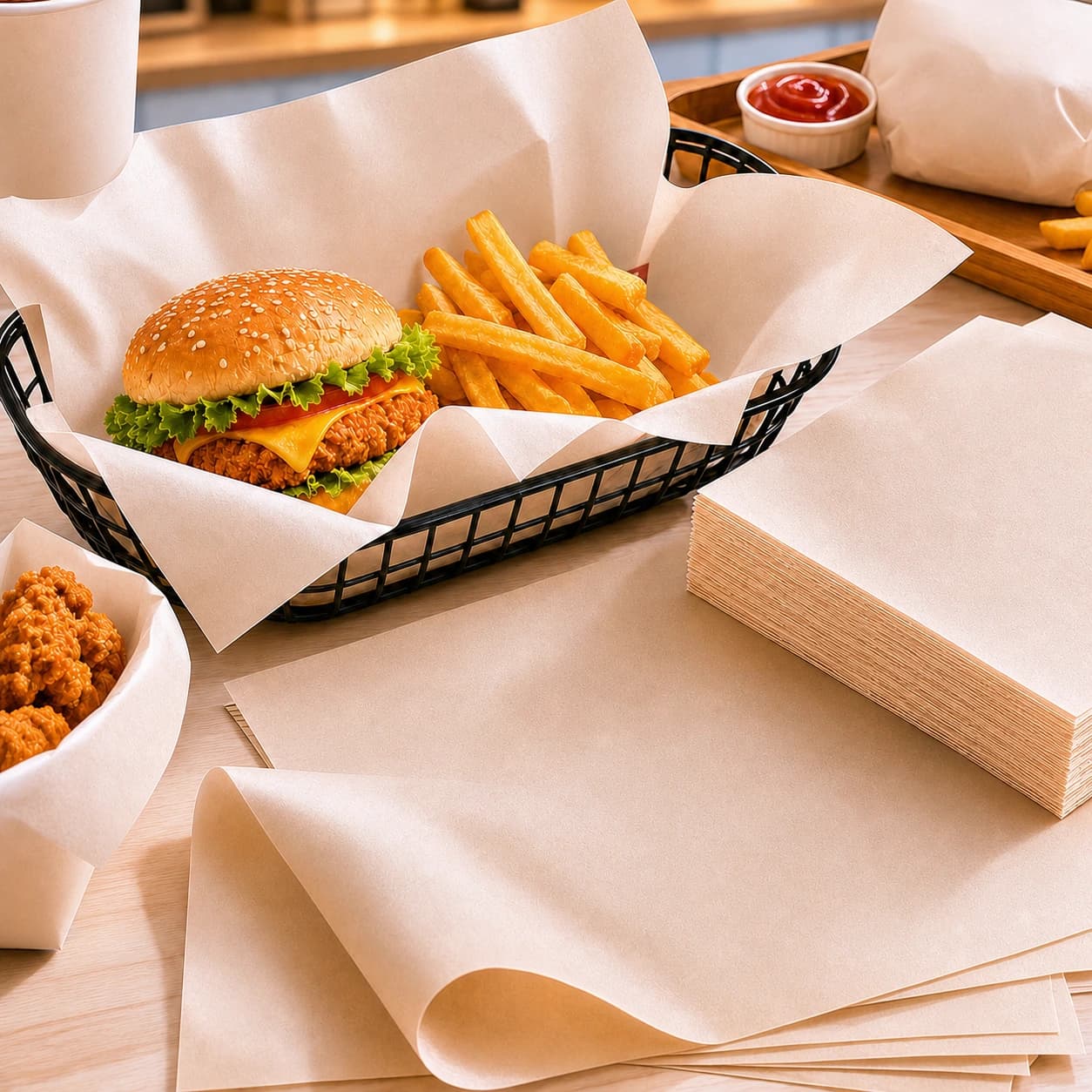 Unbranded burger wrapping paper used with burgers and takeaway food