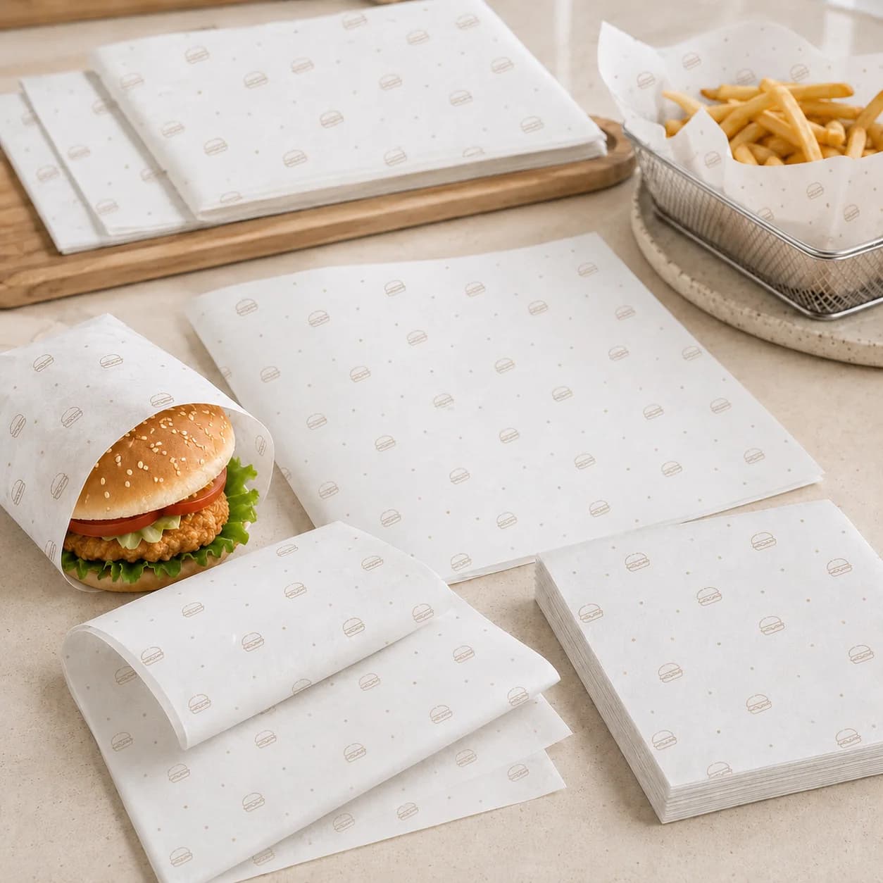 Neutral printed burger wrapping paper used with burgers, fries and takeaway food