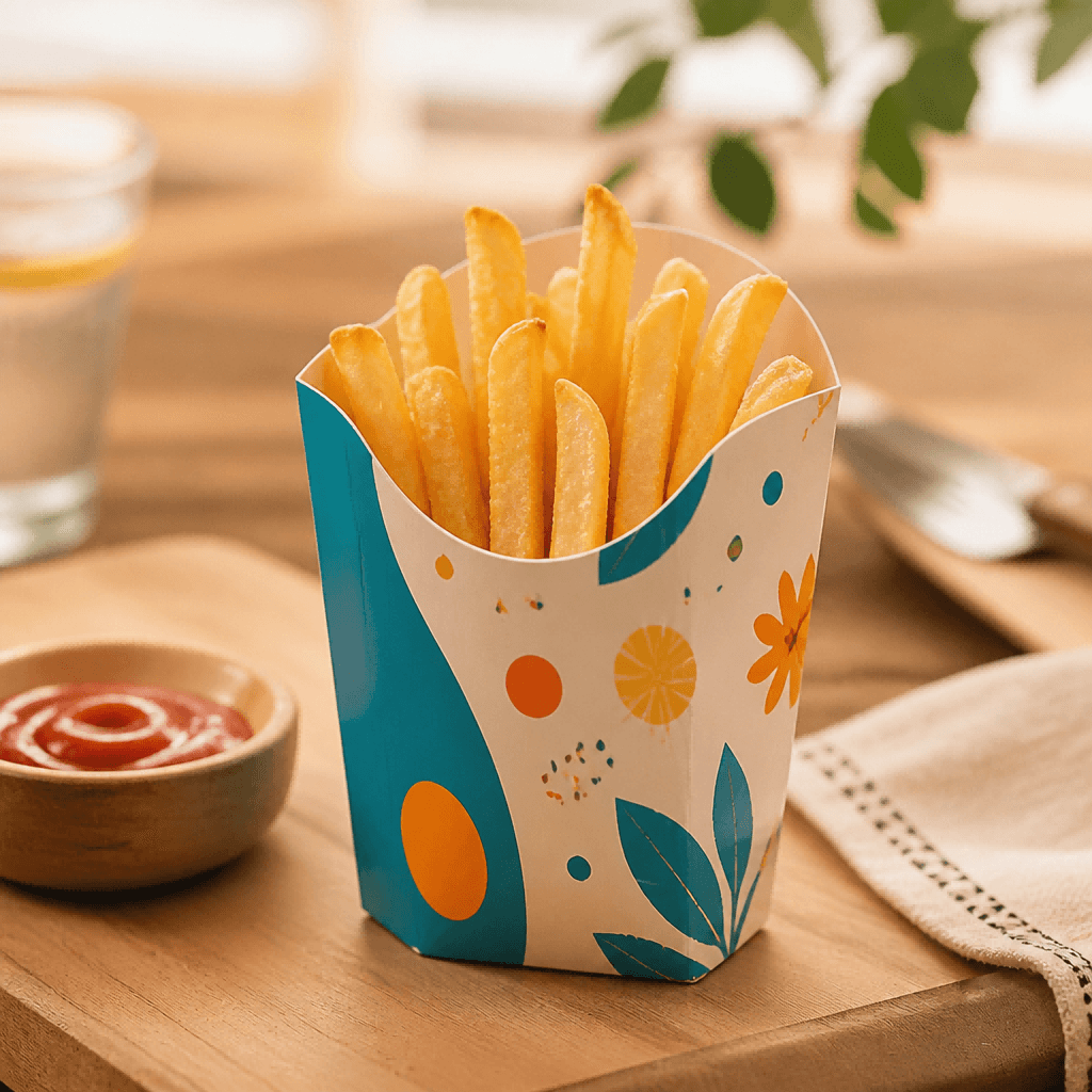 Illustrative open-top French fry carton filled with fries in a foodservice setting