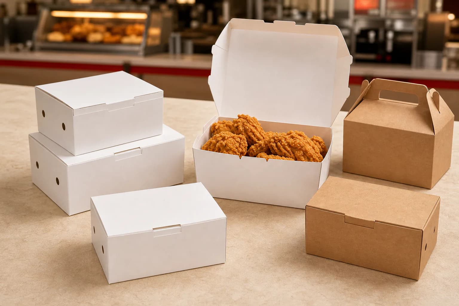 Unbranded white and kraft paperboard fried chicken takeaway boxes in clamshell, meal and handle formats