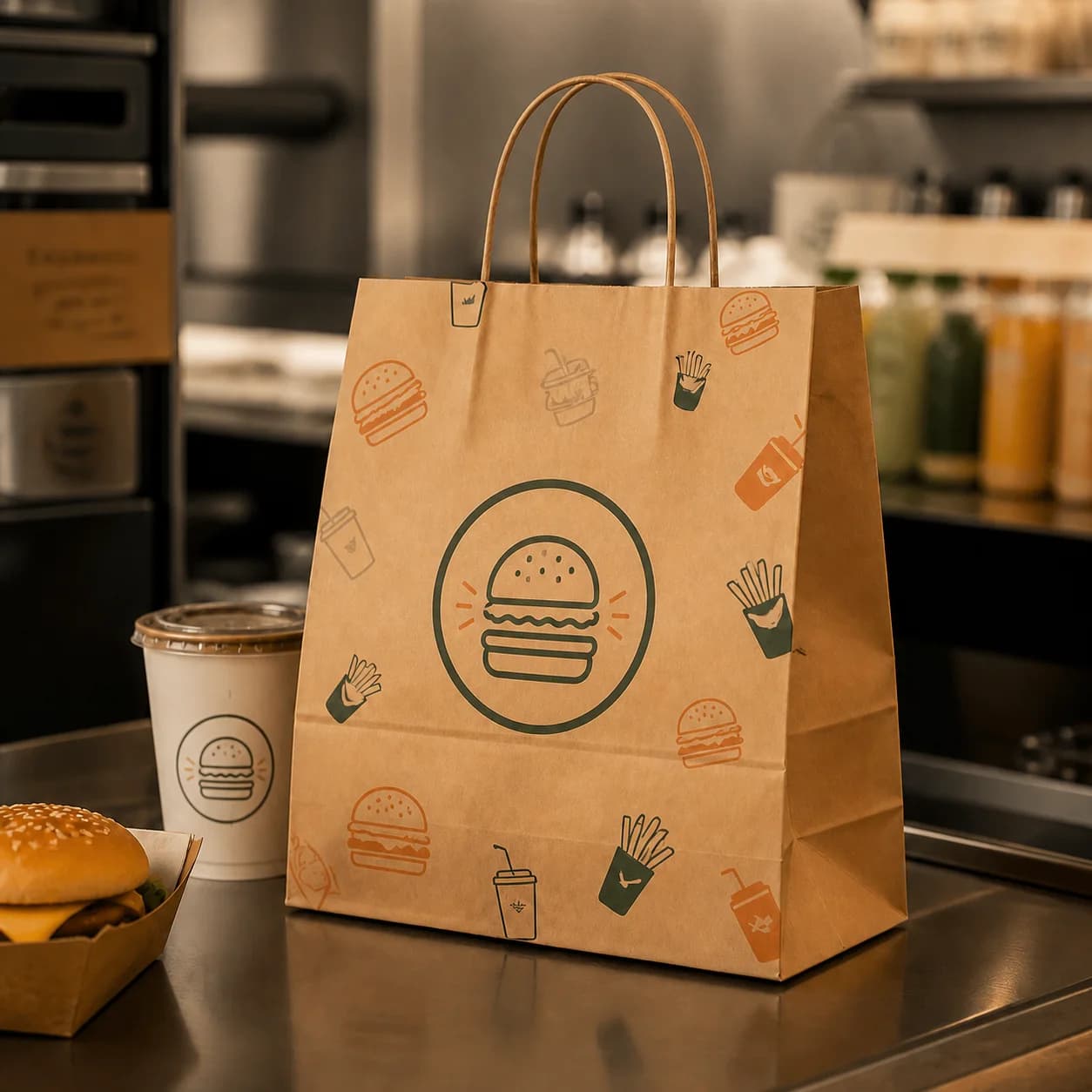 Neutral printed kraft takeaway paper bag with twisted paper handles