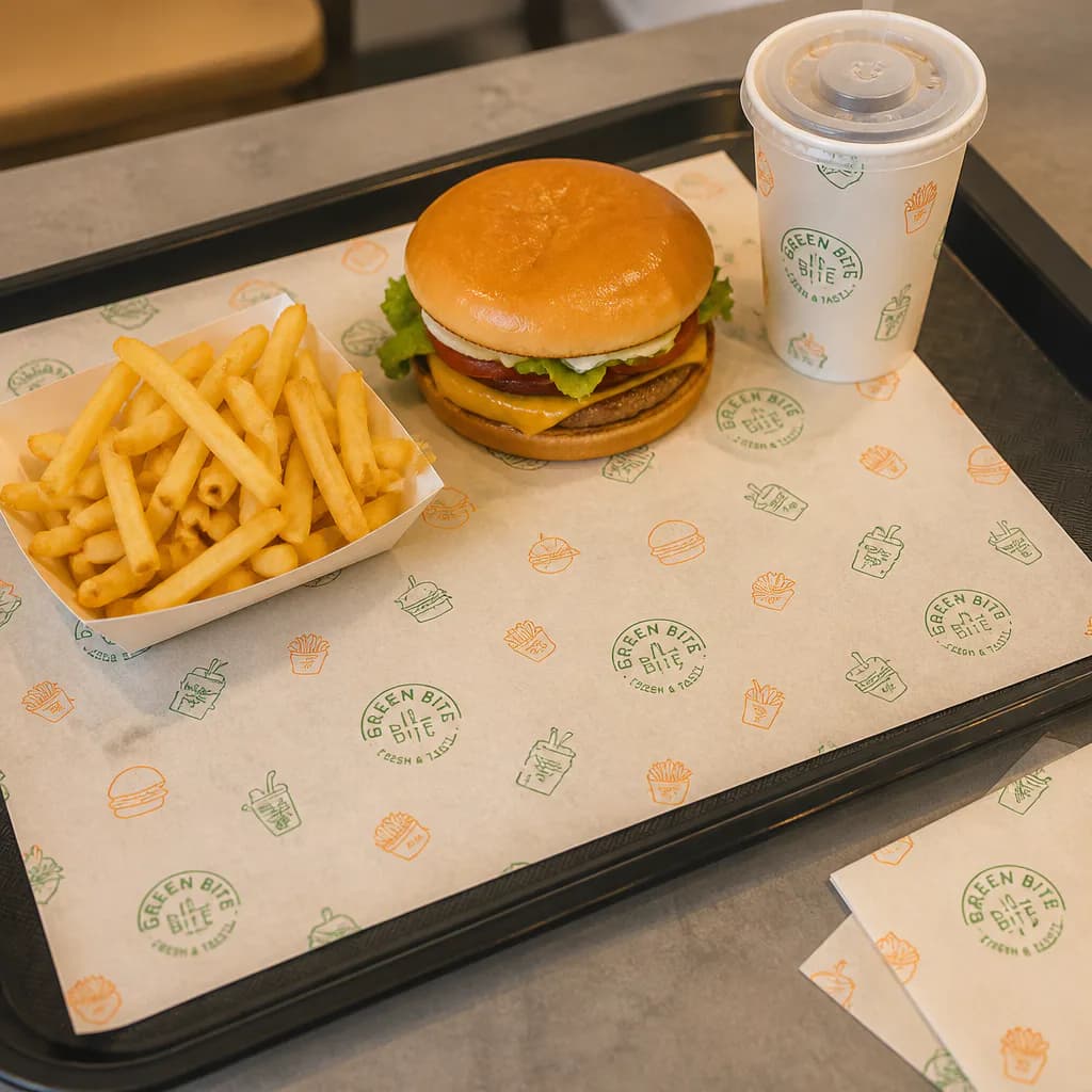 Illustrative printed paper tray liner fitted inside a large reusable serving tray carrying a meal