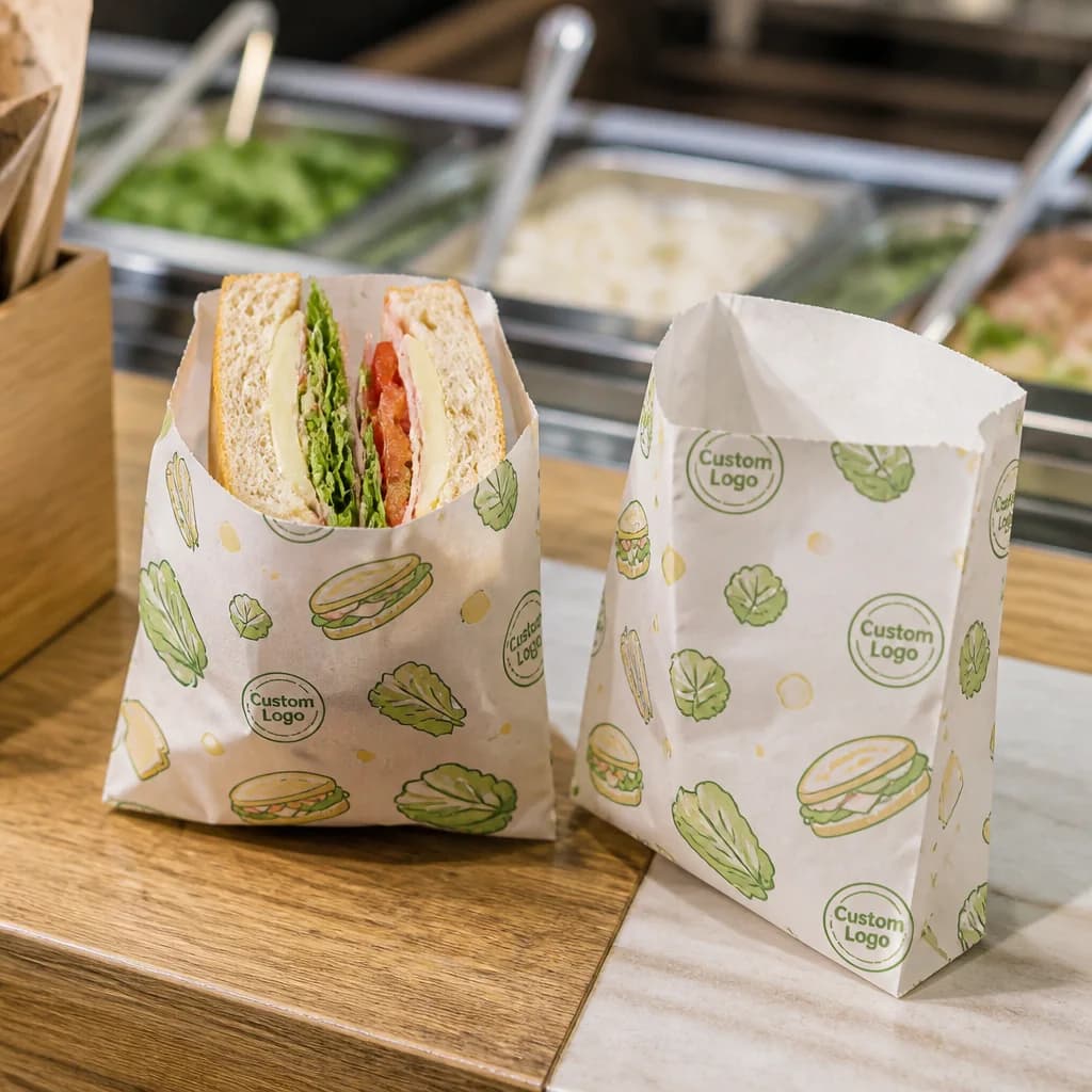 Illustrative open-top paper bags holding prepared sandwiches at a foodservice counter