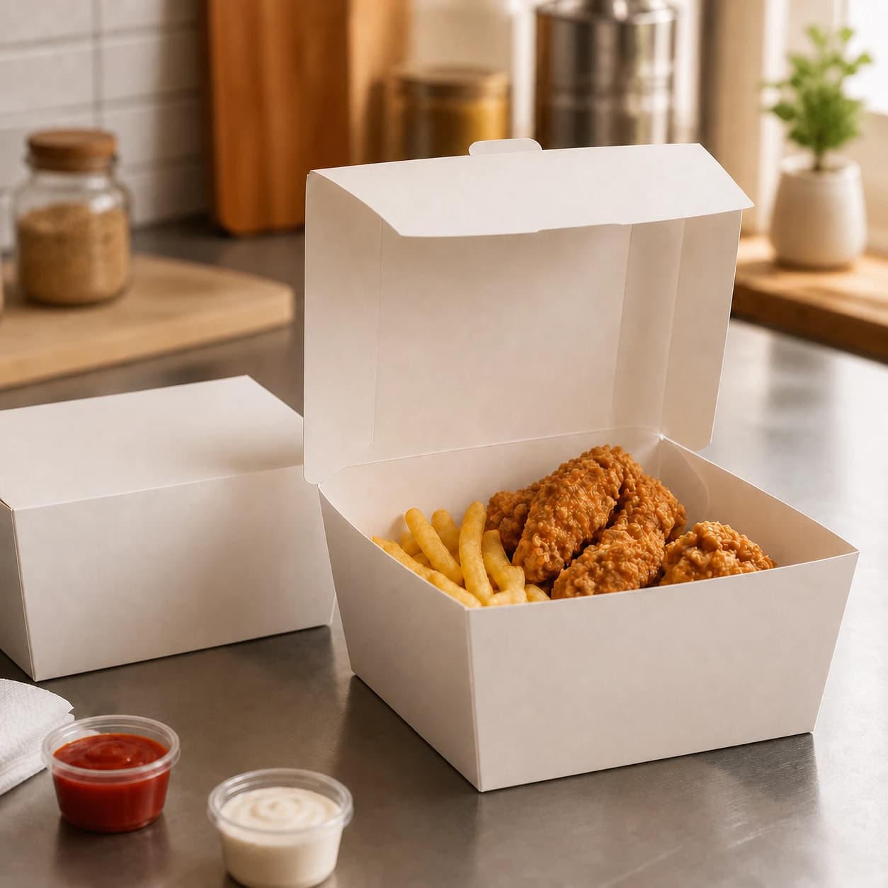 Plain takeaway paper food boxes for prepared meals