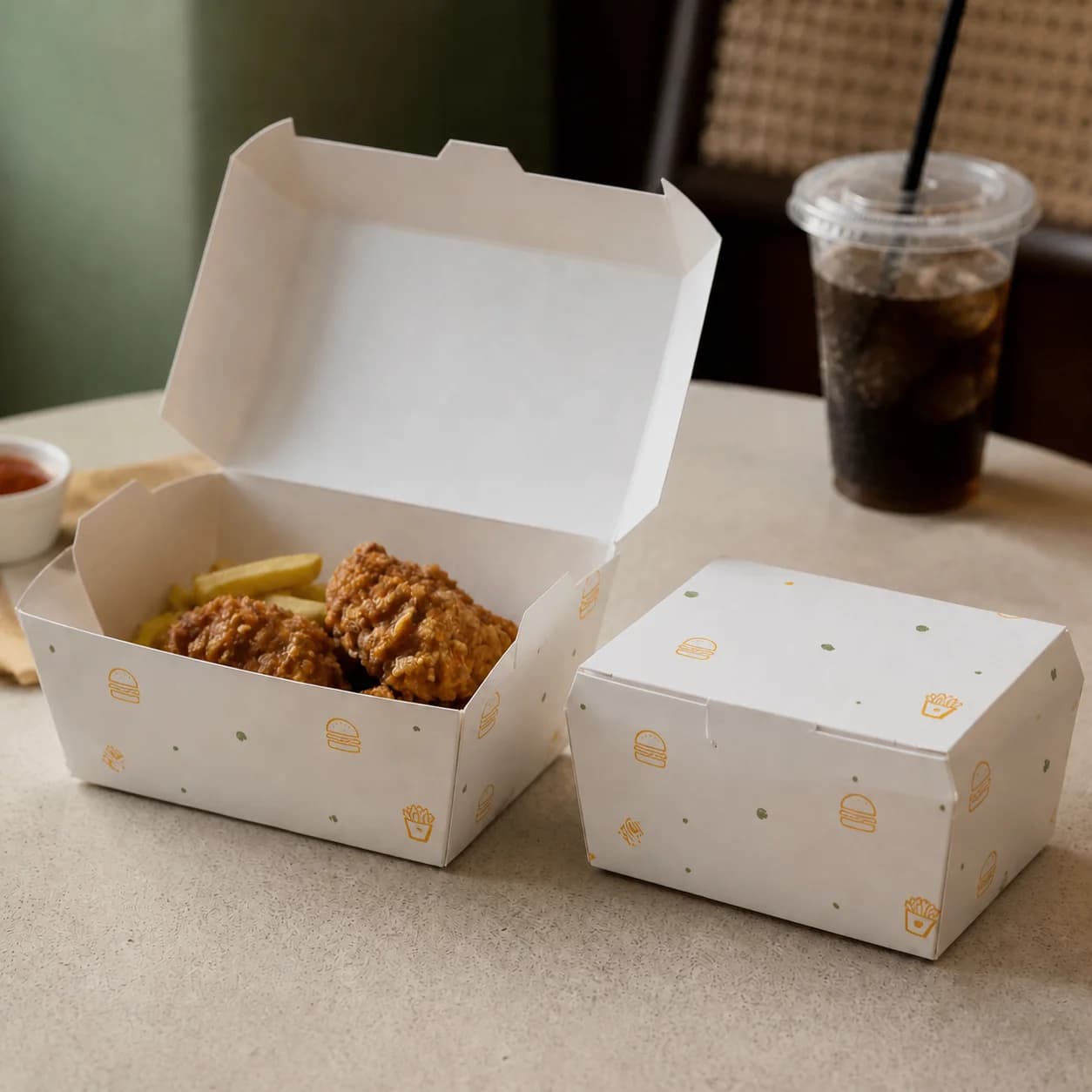 Neutral printed takeaway food boxes shown open and closed with fried food