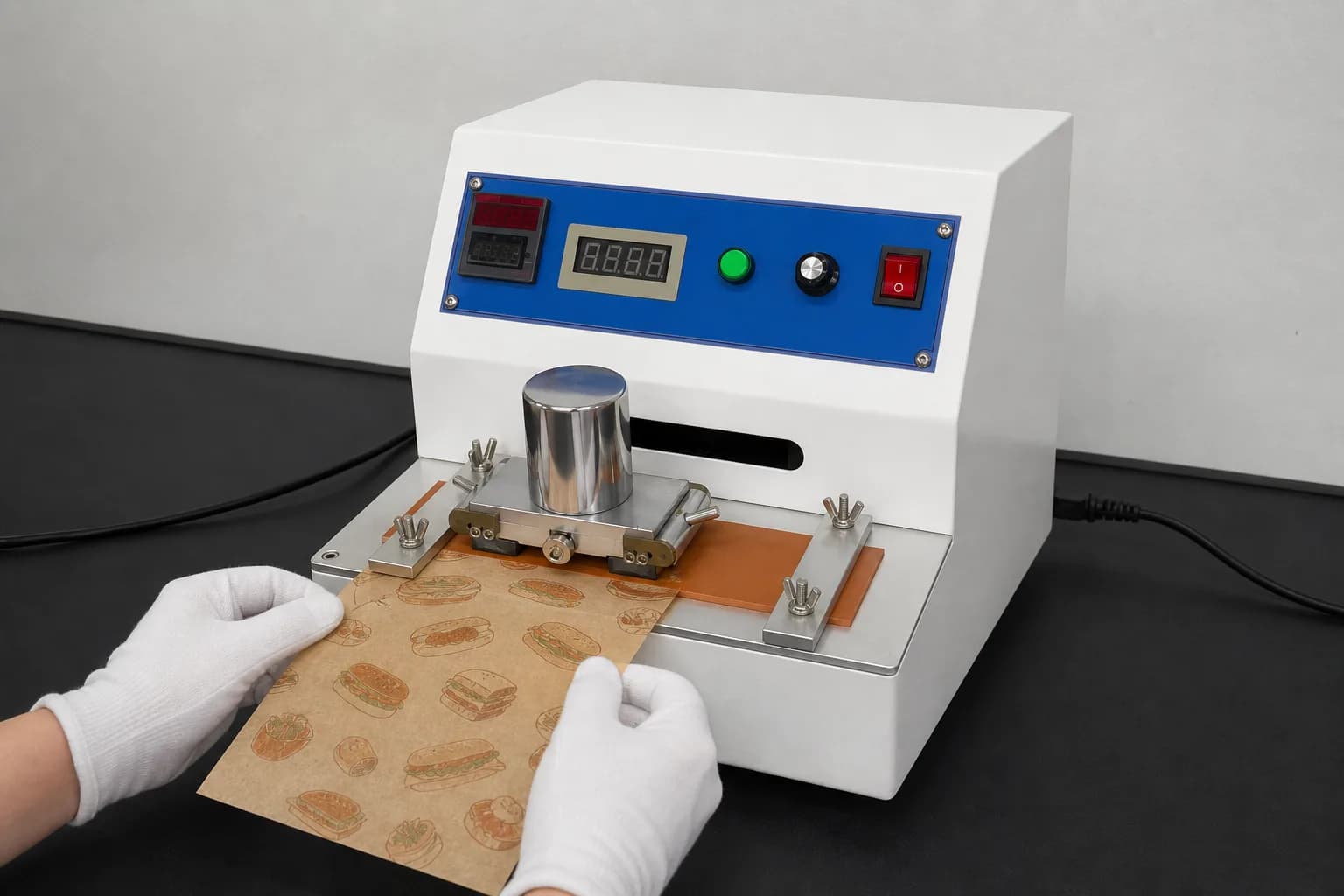 Print-rub inspection setup for checking printed food packaging samples